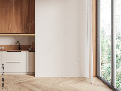 Fototapeta Naklejka Na Ścianę i Meble -  Modern kitchen interior with blank wall space, large window, and natural wood elements. 3D Rendering