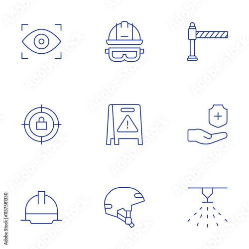 Safety icons set. Thin Line style, editable stroke. helmet, target, wet floor, hard hat, vision, sprinkler, gate, health insurance