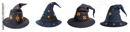 Collection of various mystical and occult themed witches  hats adorned with intricate symbols stars moons and cosmic elements evoking a sense of fantasy mystery and the supernatural photo