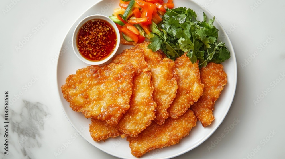 Crispy Fried Fish Fillets with Fresh Vegetables and Dipping Sauce Crispy Fried Fish Fillets with Fresh Vegetables and Dipping Sauce