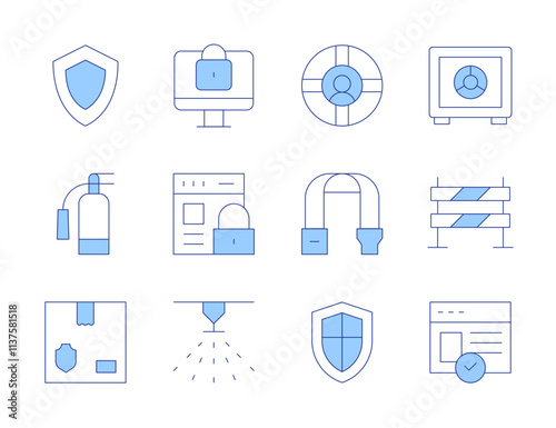 Safety icons. Line Duotone style, editable stroke. fence, online security, security, strong box, extinguisher, lifeguard, safety belt, computer