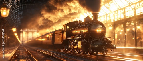 An antique steam locomotive steaming through a beautifully lit station, capturing the essence of vintage travel and industrial history in a stunning warm glow.