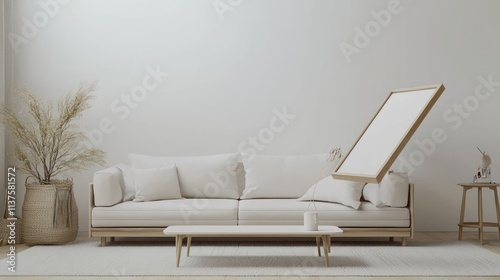 Bright Scandinavian living room with minimal furniture, 3D mockup poster frame tilted for impact.