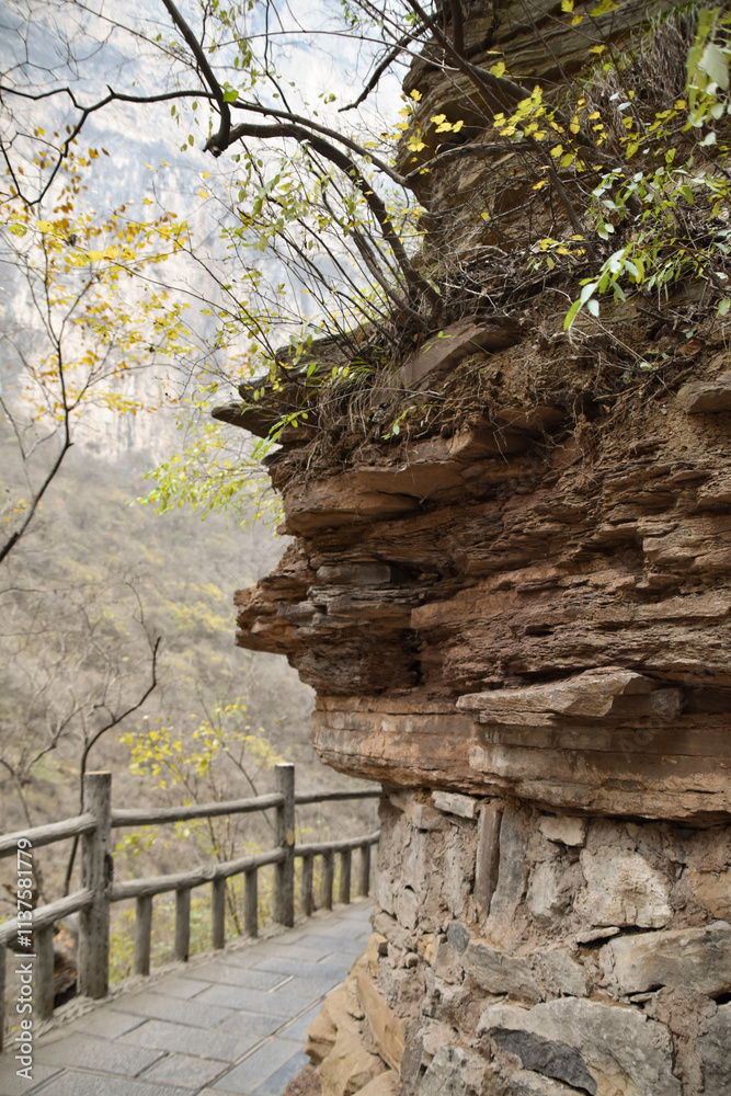 A Walkway Through the Canyon at Yuntaishan Geopark in China A Walkway Through the Canyon at Yuntaishan Geopark in China