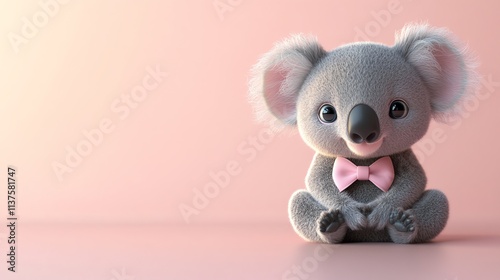 A cute cartoon koala with a pink bowtie sitting on a light pink background. photo