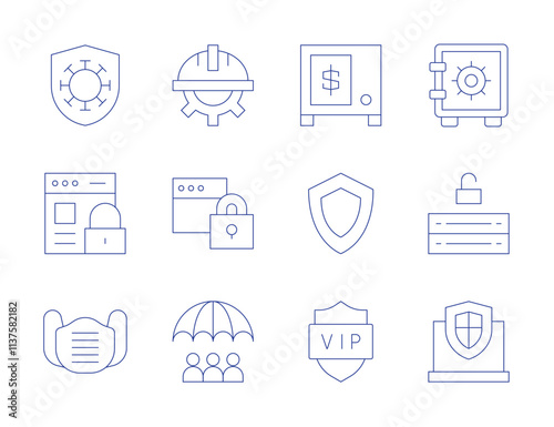 Safety icons. Thin Line style, editable stroke. immunity, online security, protective mask, safety box, security, shield, labor day, padlock, risk management, server photo