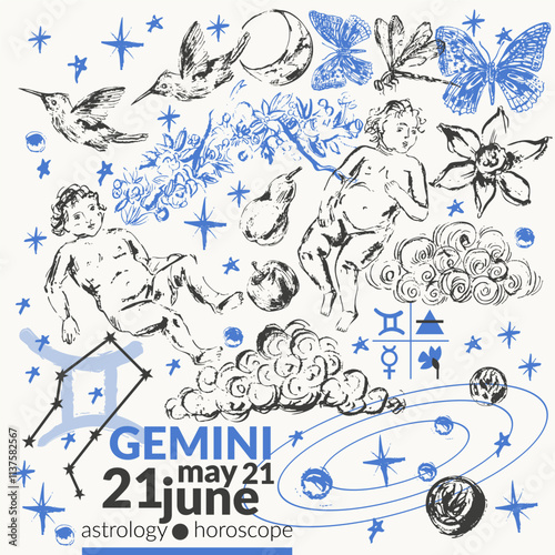 Hand drawn gemini zodiac sign illustration, horoscope background with astrology symbols and talismans.