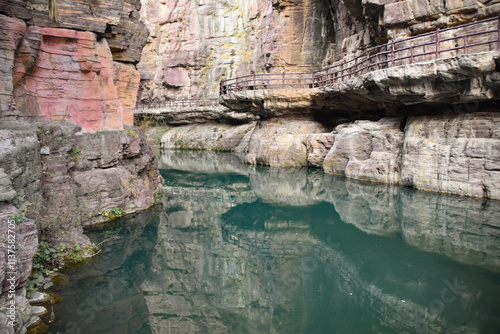 Blue Pool and Sandstone Walls of the Canyon at Yuntaishan in Henan, China