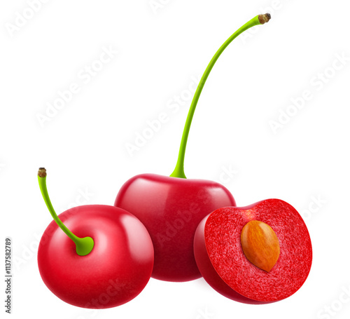 Ripe cherries isolated on a white background. Whole red cherry and half cherry with pit, realistic 3d vector illustration. Ripe of berries, glistening with vibrant hues.