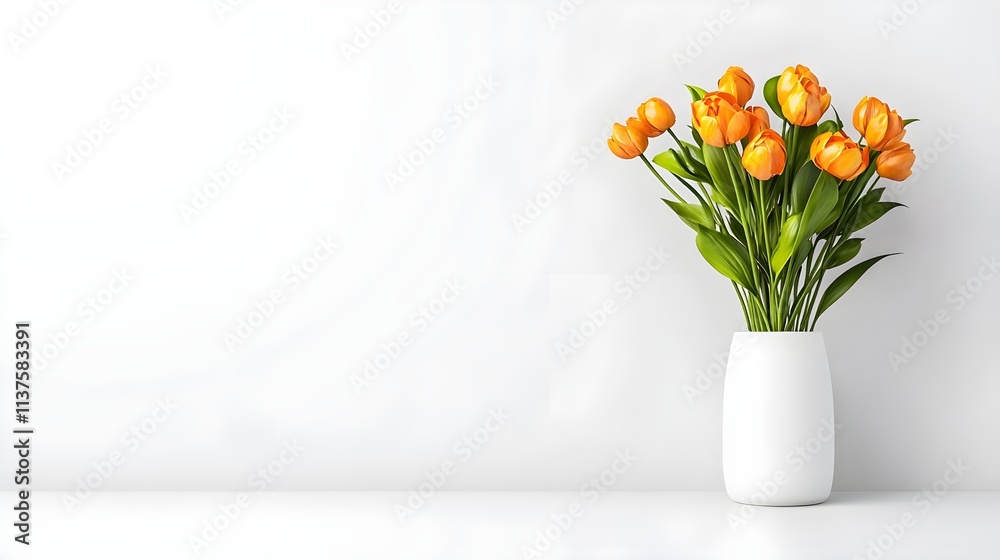 Fresh Orange Tulips in White Vase on Minimalist Background Fresh Orange Tulips in White Vase on Minimalist Background
