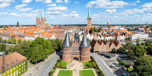 Obraz na płótnie Holsten Gate Holstentor aerial view photo panorama Hanseatic city of Lübeck in Germany w salonie
