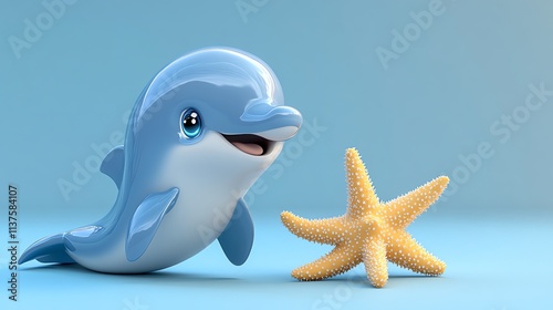 A cute cartoon dolphin with big eyes smiling in front of a yellow starfish against a light blue background. photo