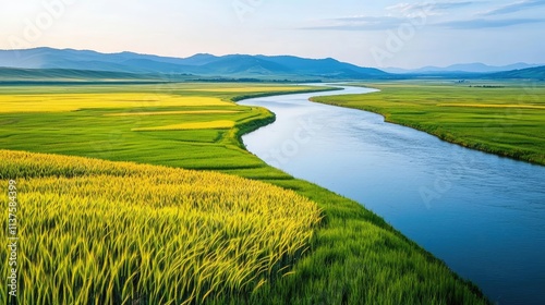 Wheat sustainability idea. Stunning river winding through vibrant green fields under a clear blue sky.