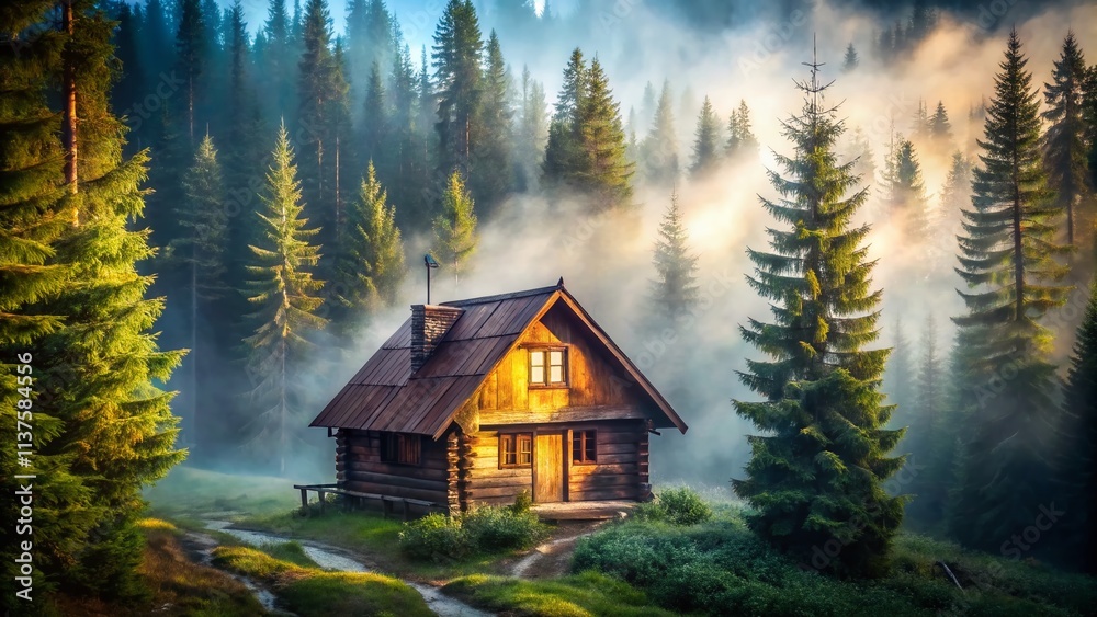 Misty Coniferous Forest, Dawn Fog, Architectural Photography, Wooden Cabin, Wild Nature, Morning Light, Foggy Woods Misty Coniferous Forest, Dawn Fog, Architectural Photography, Wooden Cabin, Wild Nature, Morning Light, Foggy Woods