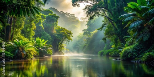 Misty Amazon River, Rainforest Photography, Lush Greenery, Foggy Jungle River, Candid Wildlife Shots, Amazonian River Scene,  Breathtaking Nature,  Jungle River Landscape