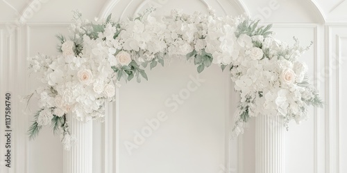 Elegant Floral Arrangement for Wedding Ceremony Backdrop with White Flowers and Greenery, Perfect for Events and Celebrations in a Hall