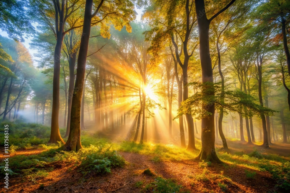 Misty Woodland Dawn: Long Exposure Sunbeams, Golden Hour Forest Photography, Sunlight Through Trees Misty Woodland Dawn: Long Exposure Sunbeams, Golden Hour Forest Photography, Sunlight Through Trees