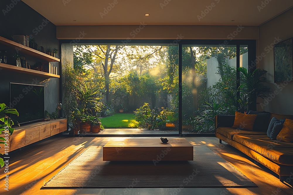 Fototapeta premium Sunlight streams into a modern living room with a view of a lush garden