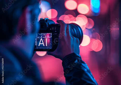 Innovative photo of a photographer with a camera enhanced by artificial intelligence. Glowing microcircuit symbolizes AI technological progress in photography and equipment.