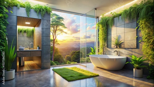 Modern Bathroom with Open Door, Showcasing Double Exposure Photography Techniques Merging Nature and Contemporary Design Elements for a Tranquil Atmosphere photo