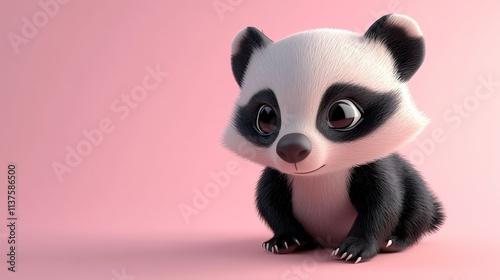 A cute, cartoon baby panda sits on a pink background.