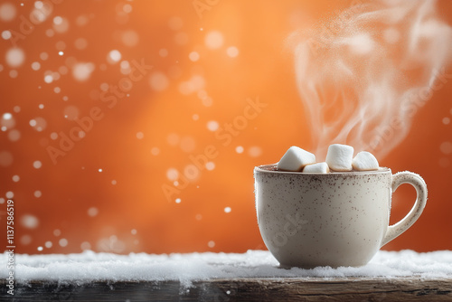 Close-up of Steaming Hot Cocoa with Marshmallows on Rustic Snowy Wood photo