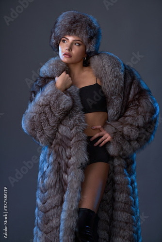 slender brunette girl in a long blue fur coat and hat