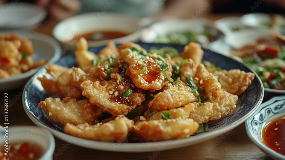 Crispy Fried Dishes Garnished with Green Onions on a Blue Plate Crispy Fried Dishes Garnished with Green Onions on a Blue Plate