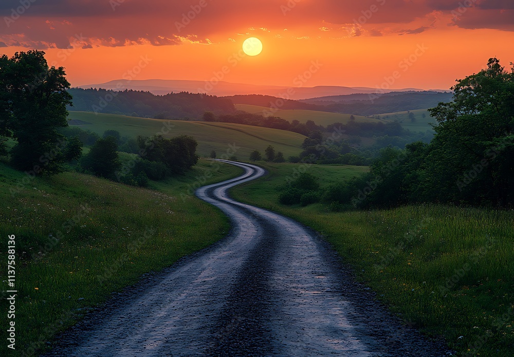 Winding Country Road at Sunset Over Rolling Hills Winding Country Road at Sunset Over Rolling Hills