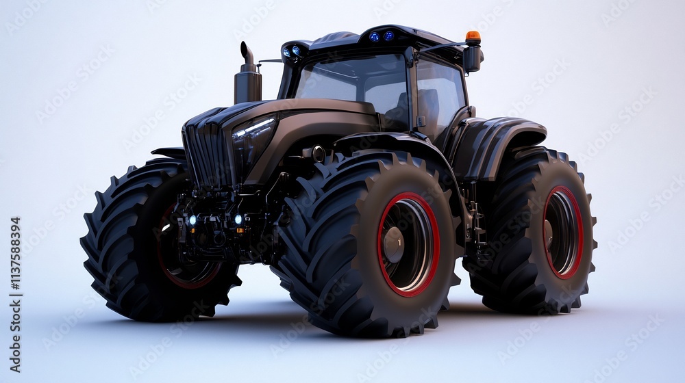 Fototapeta premium Powerful Black Tractor with Massive Wheels: Modern Agricultural Machine