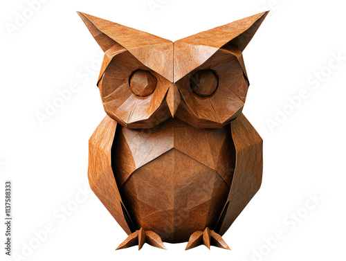 Brown Origami Owl Sculpture on White Background for Creative Projects photo