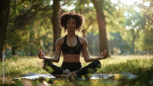 portrait of beautiful african woman doing yoga in summer park