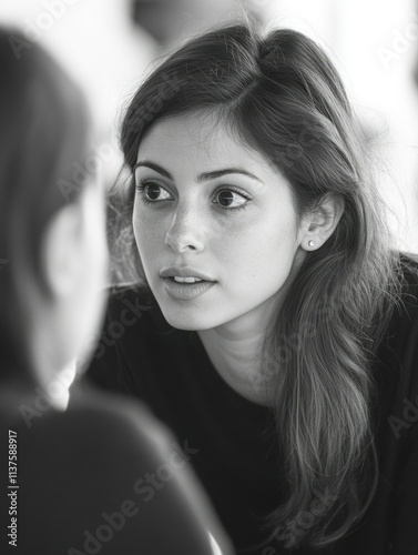 Contemplative Conversation - Woman in Deep Thought during Interaction photo