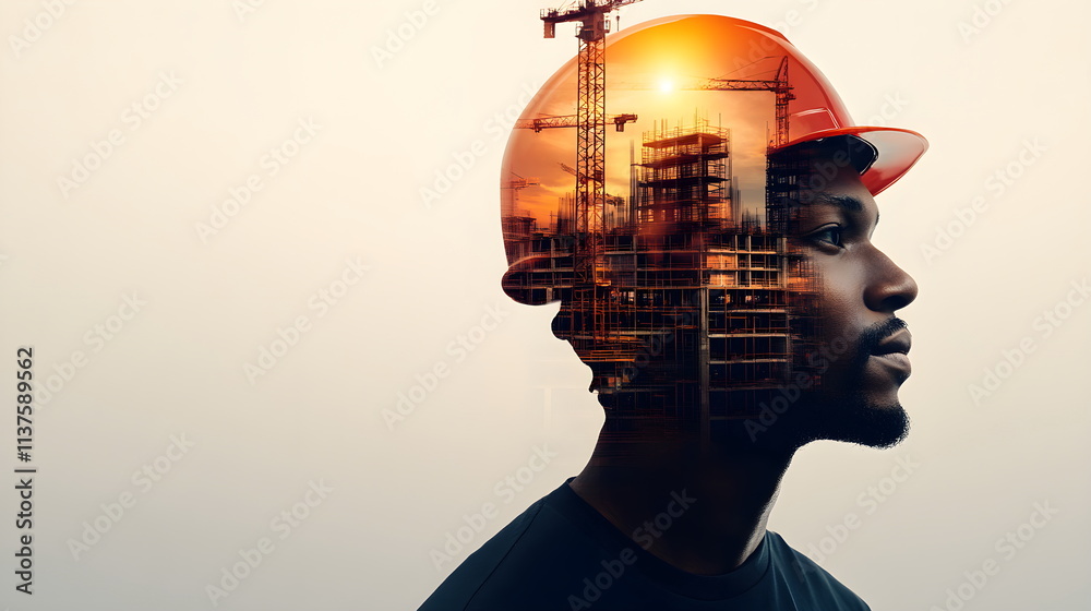 Engineer Wearing Helmet with Construction Overlay for Stock Photography Purposes Engineer Wearing Helmet with Construction Overlay for Stock Photography Purposes