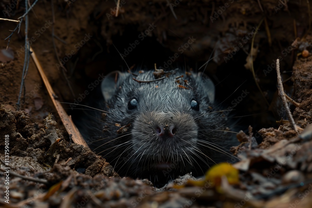 A close-up view of a curious animal peering out of its underground burrow. A close-up view of a curious animal peering out of its underground burrow.