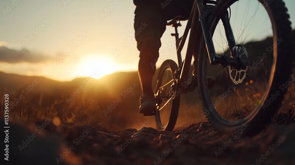 Naklejka premium Mountain biking at sunset showcasing an adventurer's journey through the rugged terrain