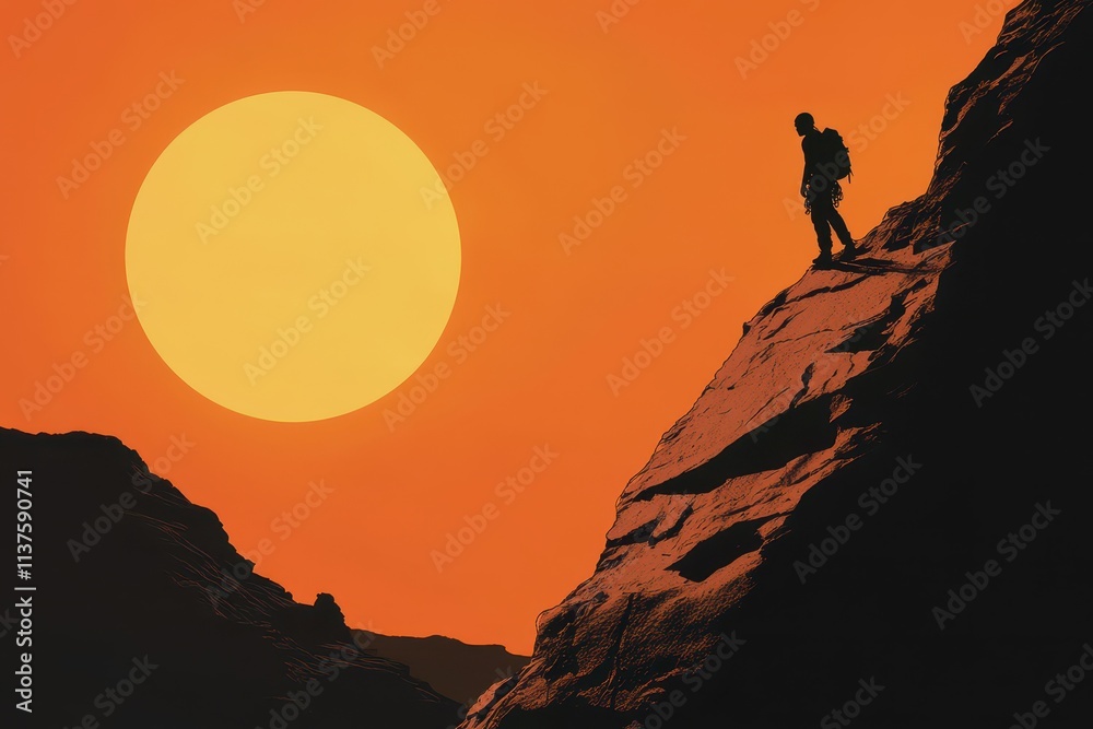 Silhouette of a Climber on a Rocky Cliff at Sunset Silhouette of a Climber on a Rocky Cliff at Sunset
