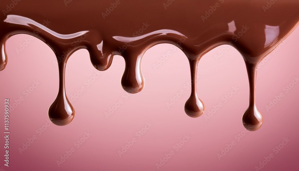 Melting chocolate dripping from the top of the frame. The background has a pink gradient Melting chocolate dripping from the top of the frame. The background has a pink gradient