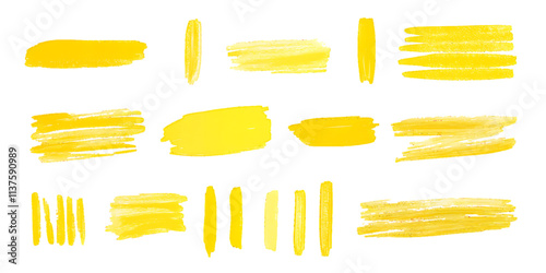 Lines of yellow highlighter markers along text strokes, highlights marking. Modern symbols set kept on white or transparent background