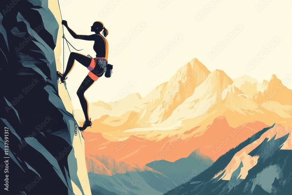 Fototapeta premium Silhouette of a Female Rock Climber Ascending a Cliff Face with a Mountain Range in the Background