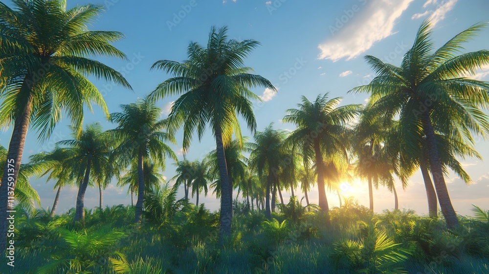 Obraz premium A vibrant tropical scene featuring lush palm trees at sunset.