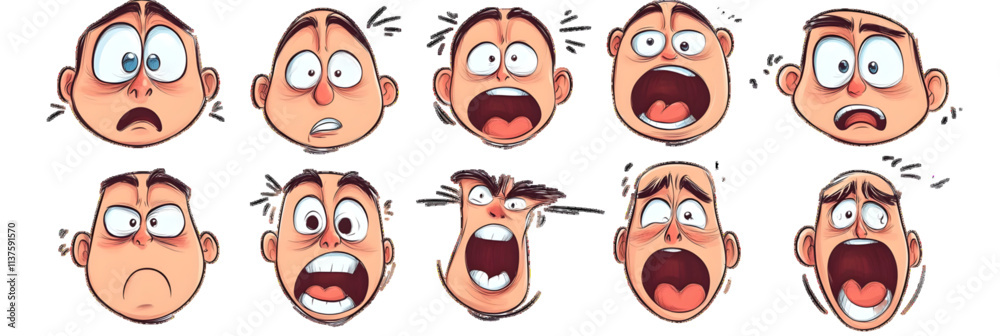 Caricature doodle character face expressions. Smiling, crying, surprised. Isolated modern illustration icons. Cartoon expressions, white or transparent background Caricature doodle character face expressions. Smiling, crying, surprised. Isolated modern illustration icons. Cartoon expressions, white or transparent background