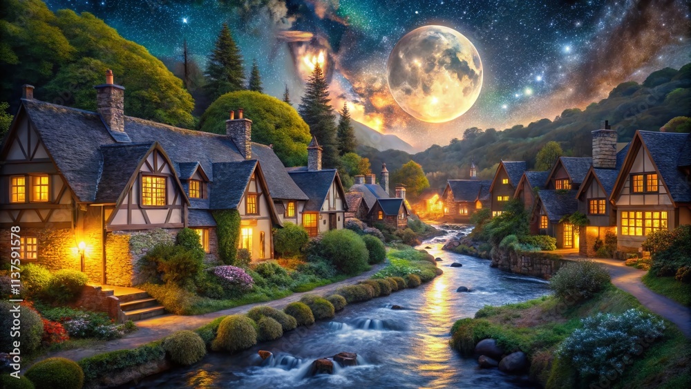Obraz premium Moonlit Village Landscape Photography: Cozy Cottage Scenery, Night Sky, Starry, Rural, Peaceful