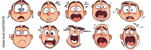 Caricature doodle character face expressions. Smiling, crying, surprised. Isolated modern illustration icons. Cartoon expressions, white or transparent background