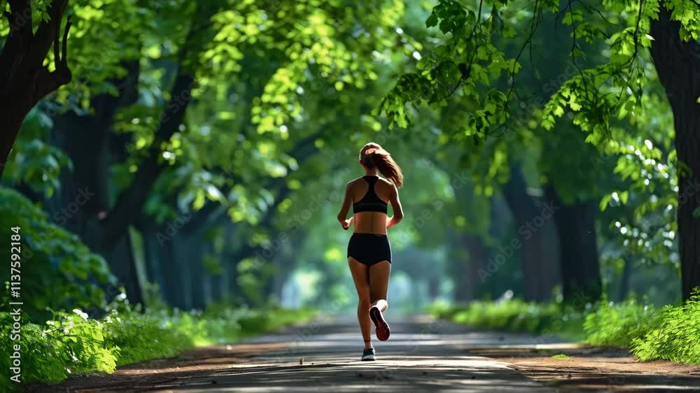 back view of young woman jogging in the summer forest