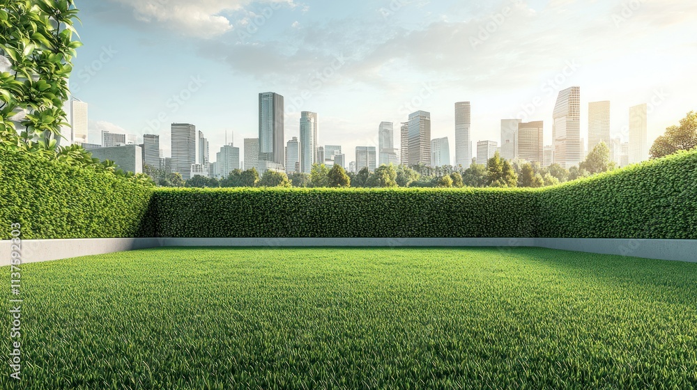 Obraz premium Minimalist luxury villa in the middle of the city, high walls of a large garden with green grass fences background wallpaper AI generated image