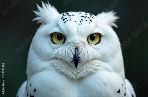 Majestic white owl with striking yellow eyes perched in a serene natural setting during daylight hours. Generative AI photo