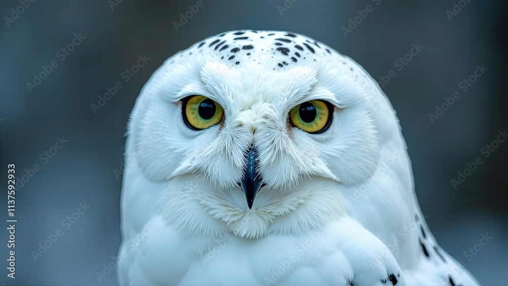 Obraz premium Snowy owl displaying striking features and vibrant eyes in a natural setting around twilight. Generative AI