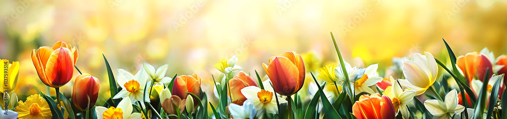 Vibrant photo of colorful tulips and daffodils in a spring garden on a sunny day. Vibrant photo of colorful tulips and daffodils in a spring garden on a sunny day.