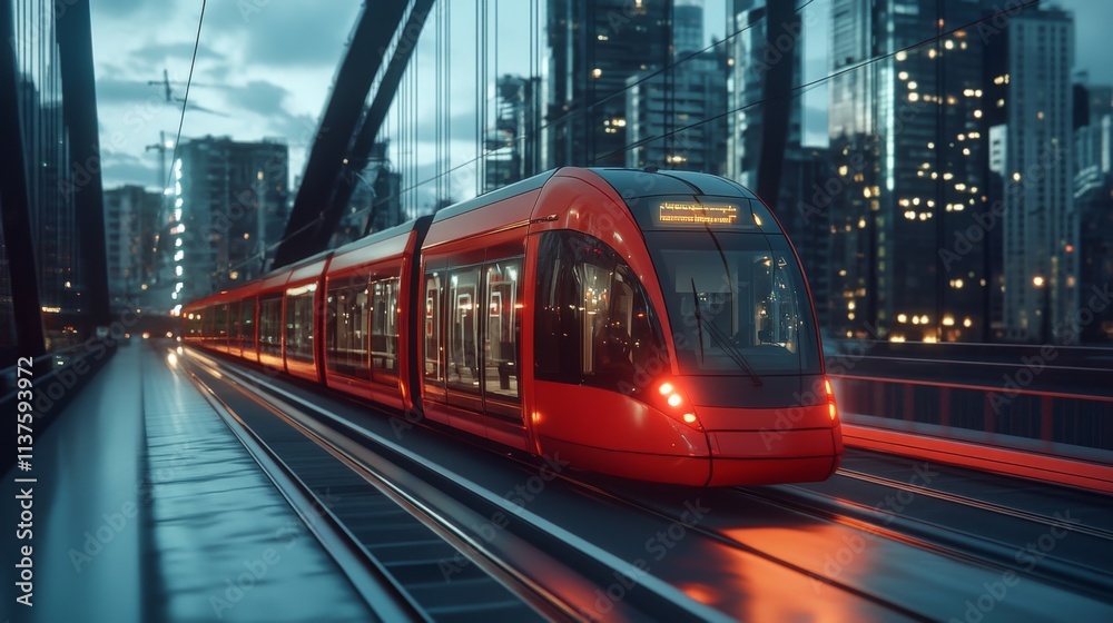 Fototapeta premium Modern Red Tram Passing Through Urban City Landscape at Dusk